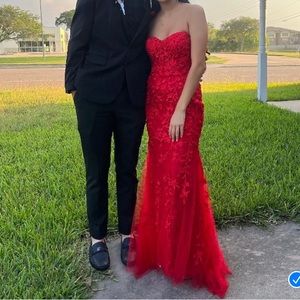 Red strapless prom dress